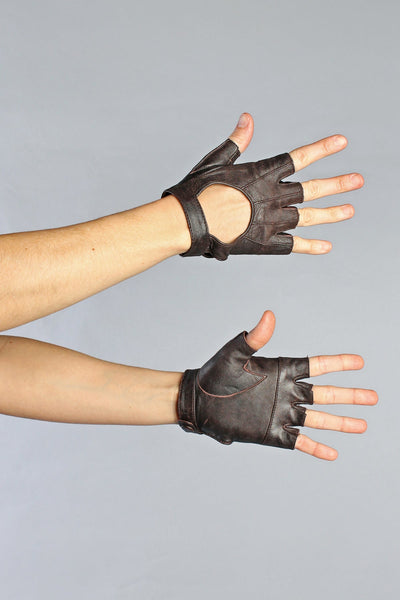 Brown Faux Leather Fingerless Gloves