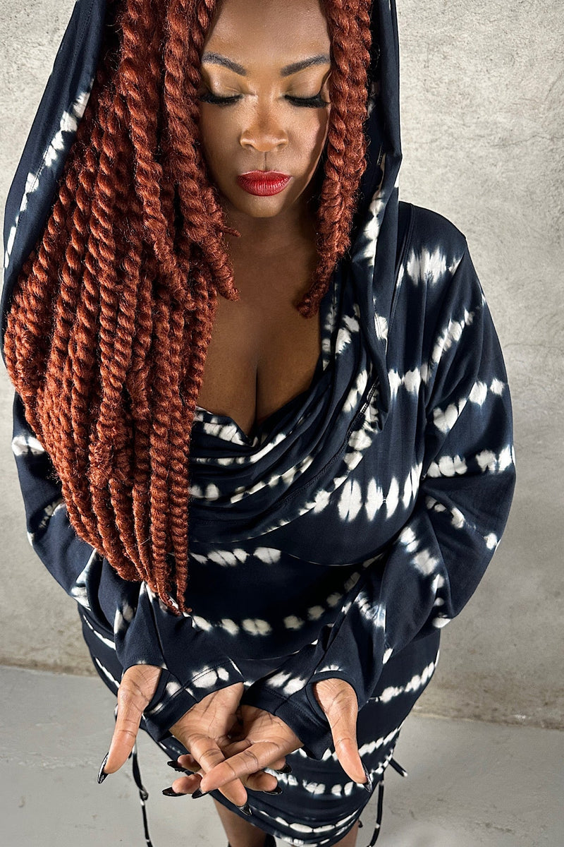 5D x Stellar Dust Cowl Hooded Mini Dress - shibori FIVE AND DIAMOND 5D x Stellar Dust Cowl Hooded Mini Dress - shibori FIVE AND DIAMOND