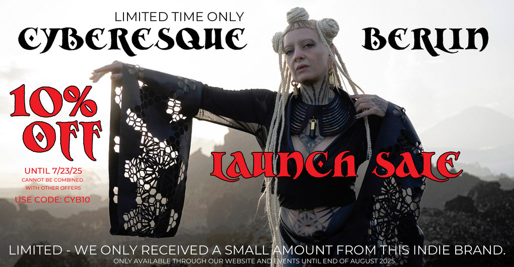 Promotional banner for Cyberscseque Berlin with a person holding a black and white garment, featuring text about a launch sale. 10% off until 7/23/25 with code: CYB10 - cannot be combined with other offers.