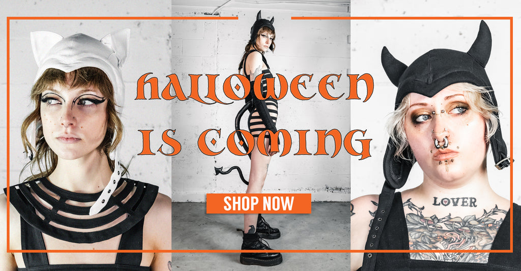 Three people in Halloween costumes with text 'Halloween is Coming' and 'Shop Now'.