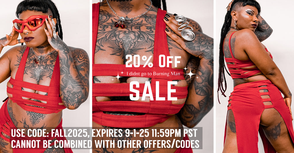 Woman in red outfit with tattoos, promotional text for sale and code.