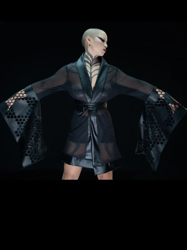 Cyberesque Gaya Kimono - chiffon/faux leather Tops-Womens Cyberesque 