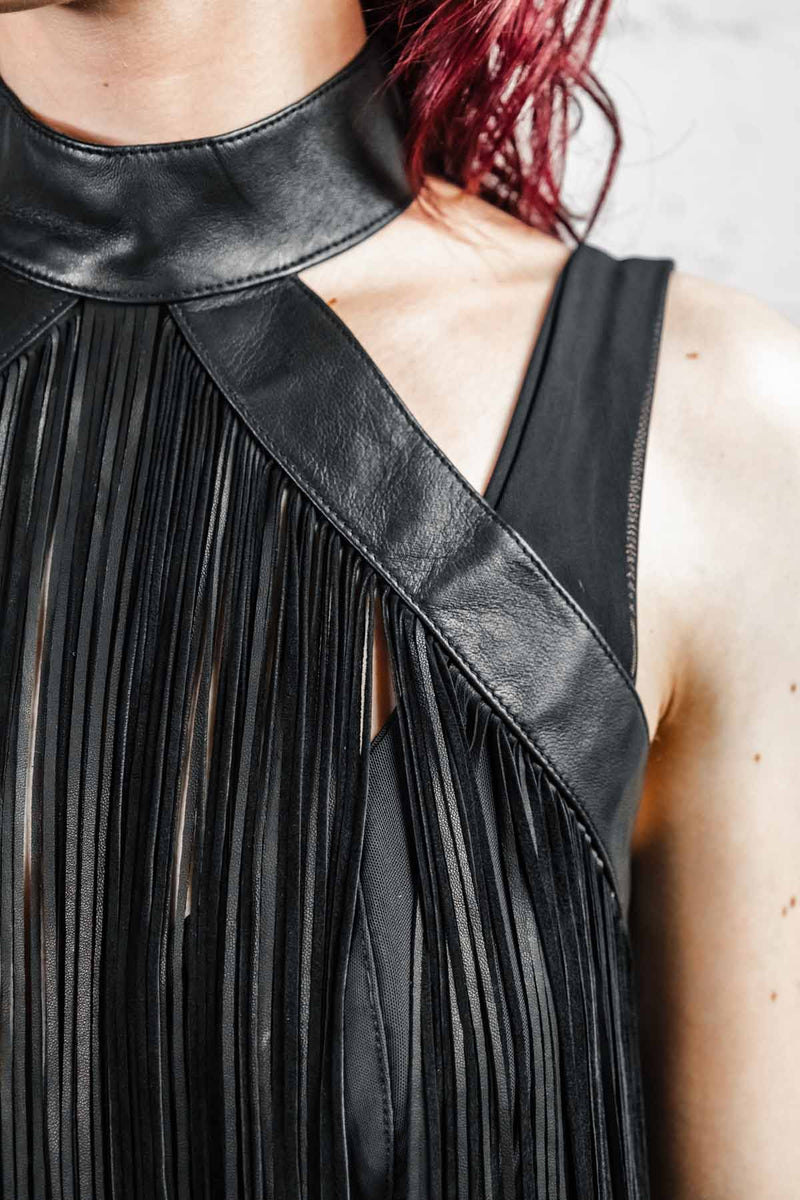 Five and Diamond Fringe Halter Dress - leather FIVE AND DIAMOND Five and Diamond Fringe Halter Dress - leather FIVE AND DIAMOND