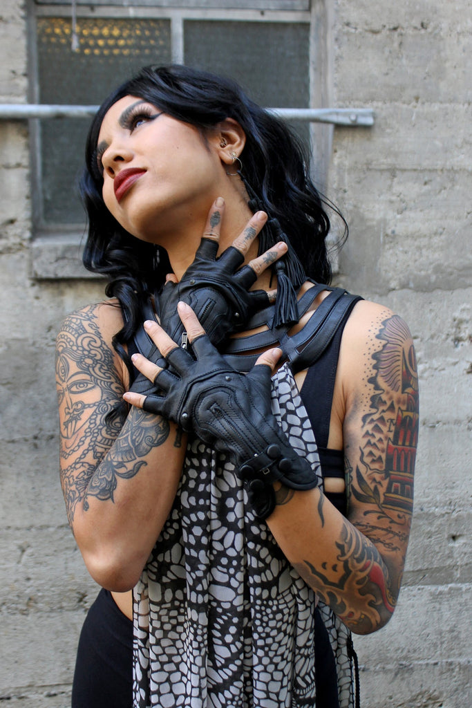 Black Leather Gloves on Phoenix Fireflow, fire performer wearing festival fashion