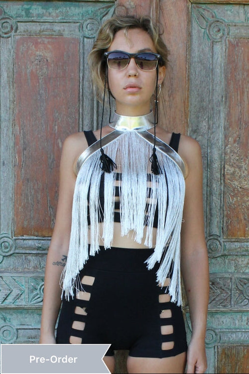 Five and Diamond Fringe Halter - Silver Leather Collars FIVE AND DIAMOND Silver Leather/White Fringe One Size 