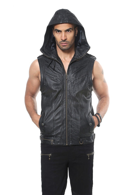 Jan Hilmer Leather Rocket Vest with Hood - Jackets-Mens - Small / Ships Now - FIVE AND DIAMOND