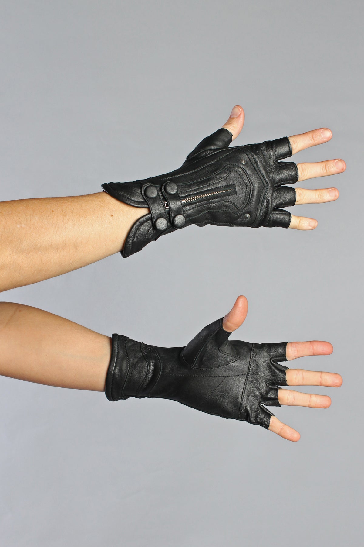 Fingerless Zip Leather Gloves Black / L
